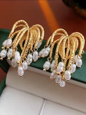 Edenfall Textured Gold Pearl Fringe Earrings
